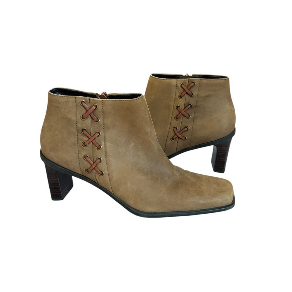 Etienne Aigner Saddle Leather Ankle Zip Boots Square Toe Women 8.5 Beige Brown